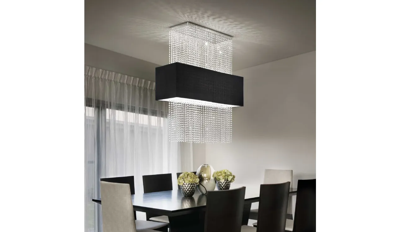 Lampada a sospensione Phoenix con paralume rivestito in tessuto ed elementi decorativi con catene di ottagoni in cristallo molato di Ideal Lux